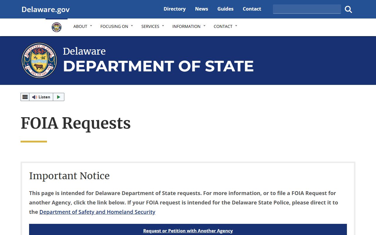 Delaware Department of State FOIA public records request page