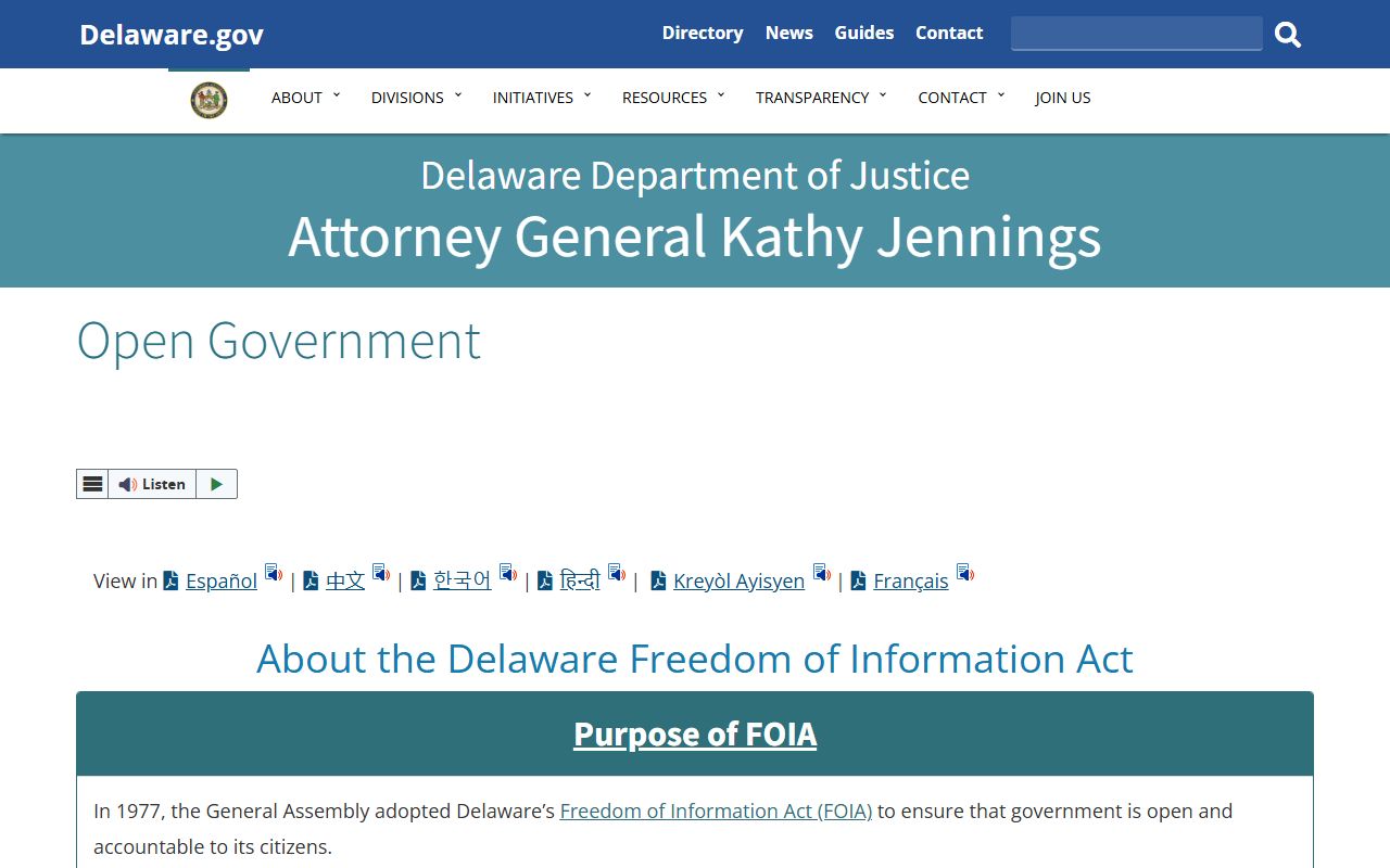 Delaware Department of Justice Open Government page for Delaware public records