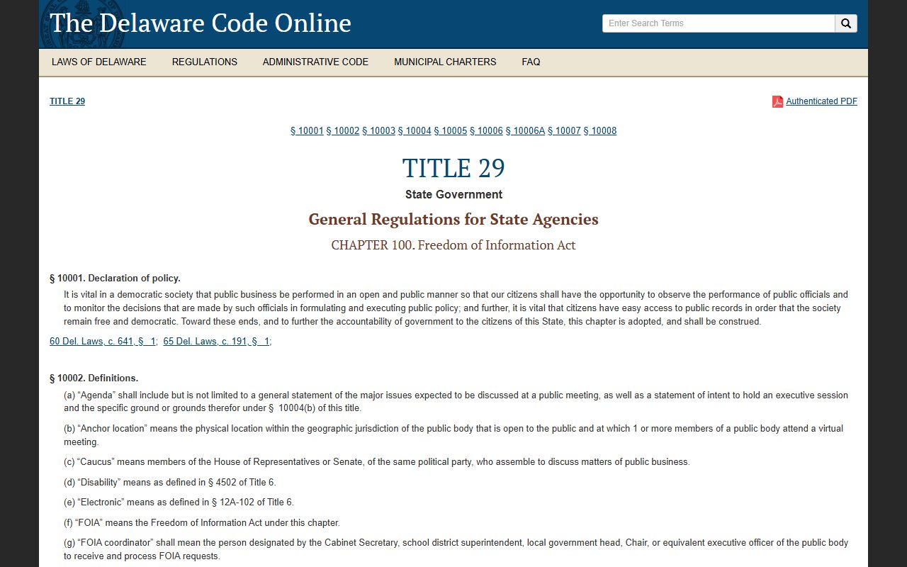 Delaware FOIA statute in Title 29 Chapter 100 for public records access