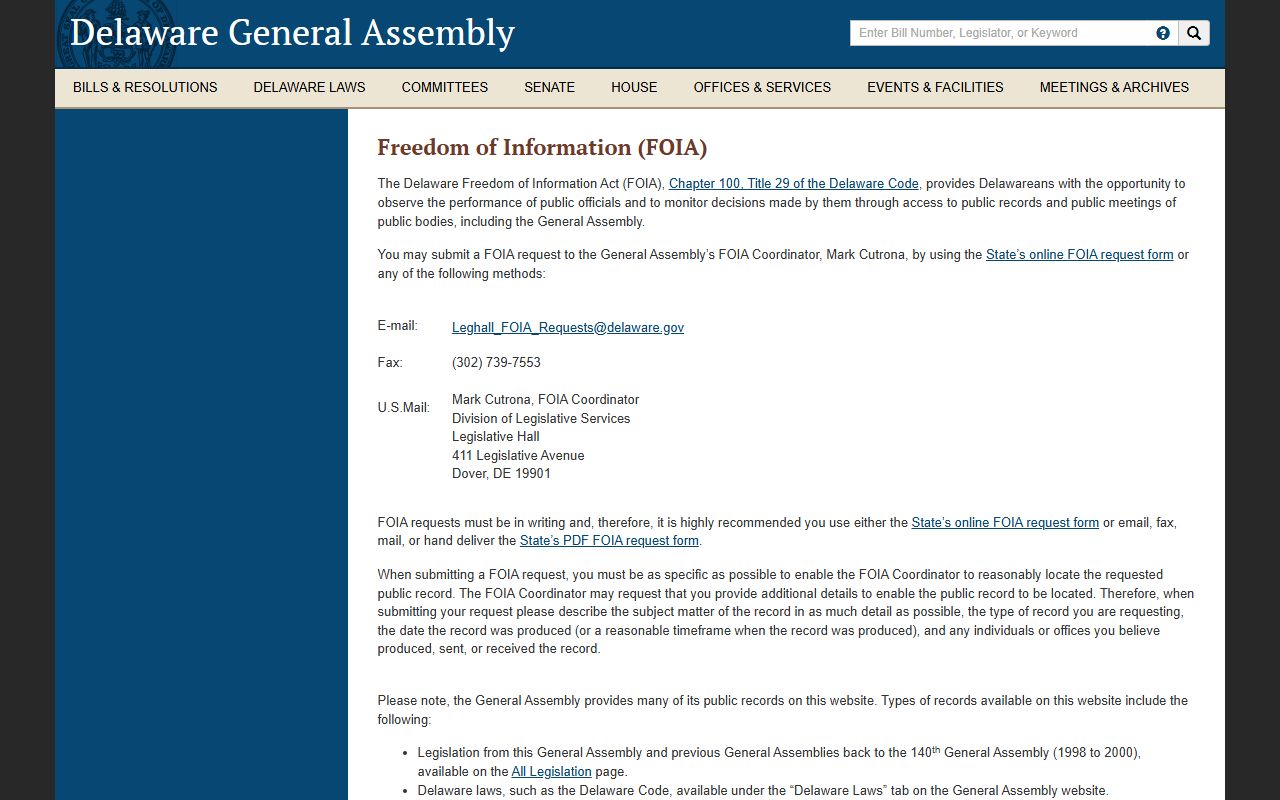Delaware General Assembly FOIA public records request page