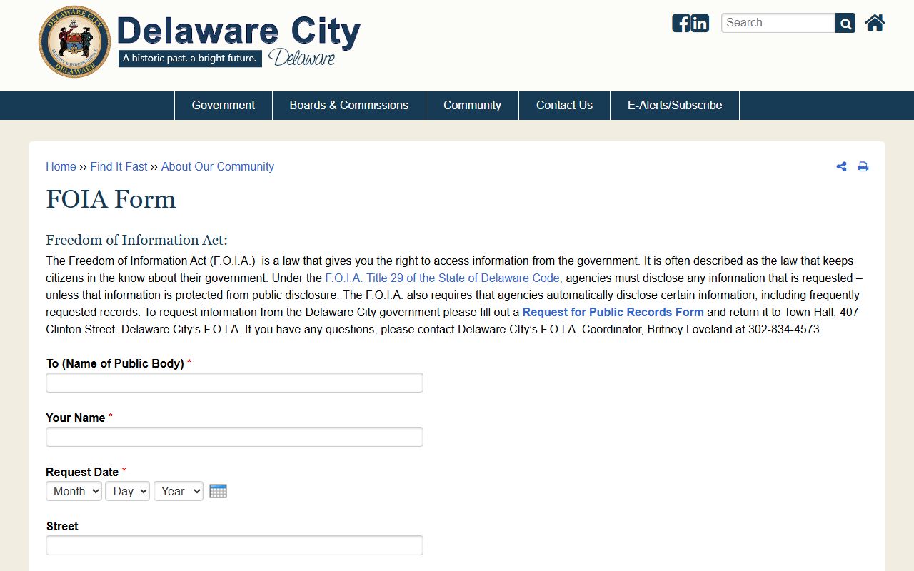 Delaware City FOIA public records request form