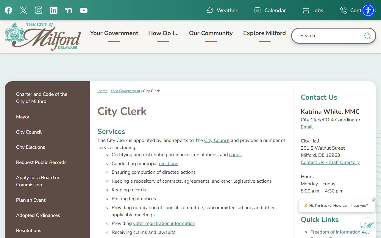 Milford City Clerk public records FOIA coordinator