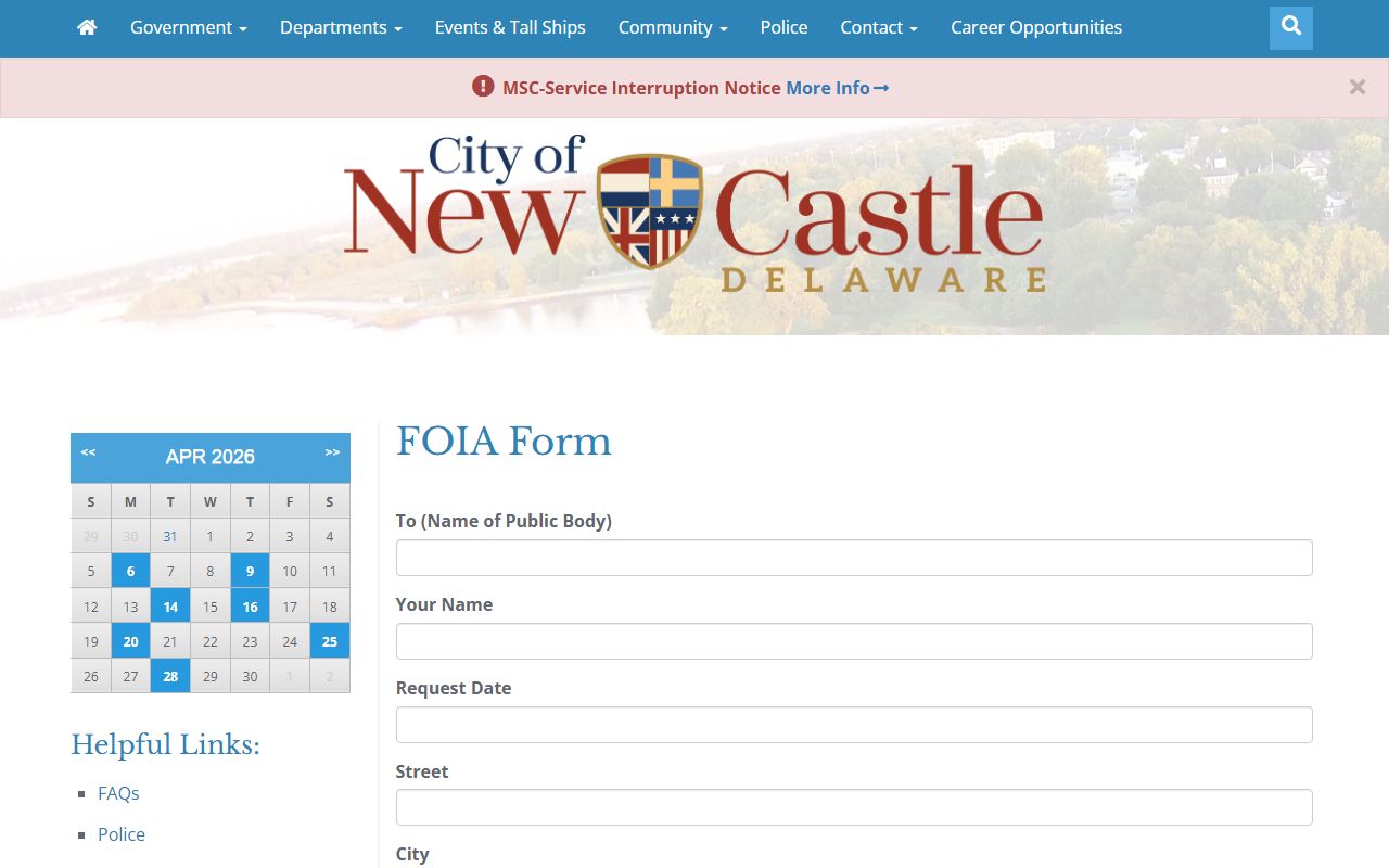 City of New Castle FOIA public records request form