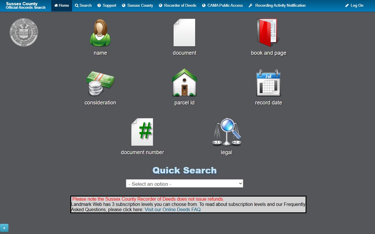 Sussex County Landmark Web deeds search public records system